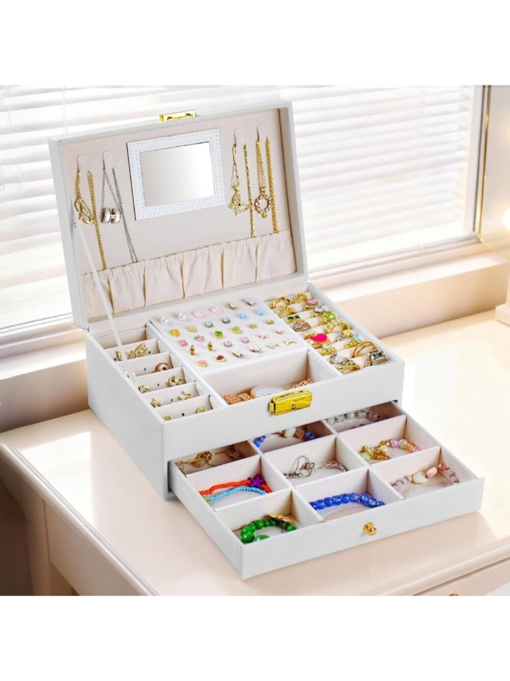 Elegant 2-Layer Jewelry Box Organizer with Velvet Earring Holder - Travel